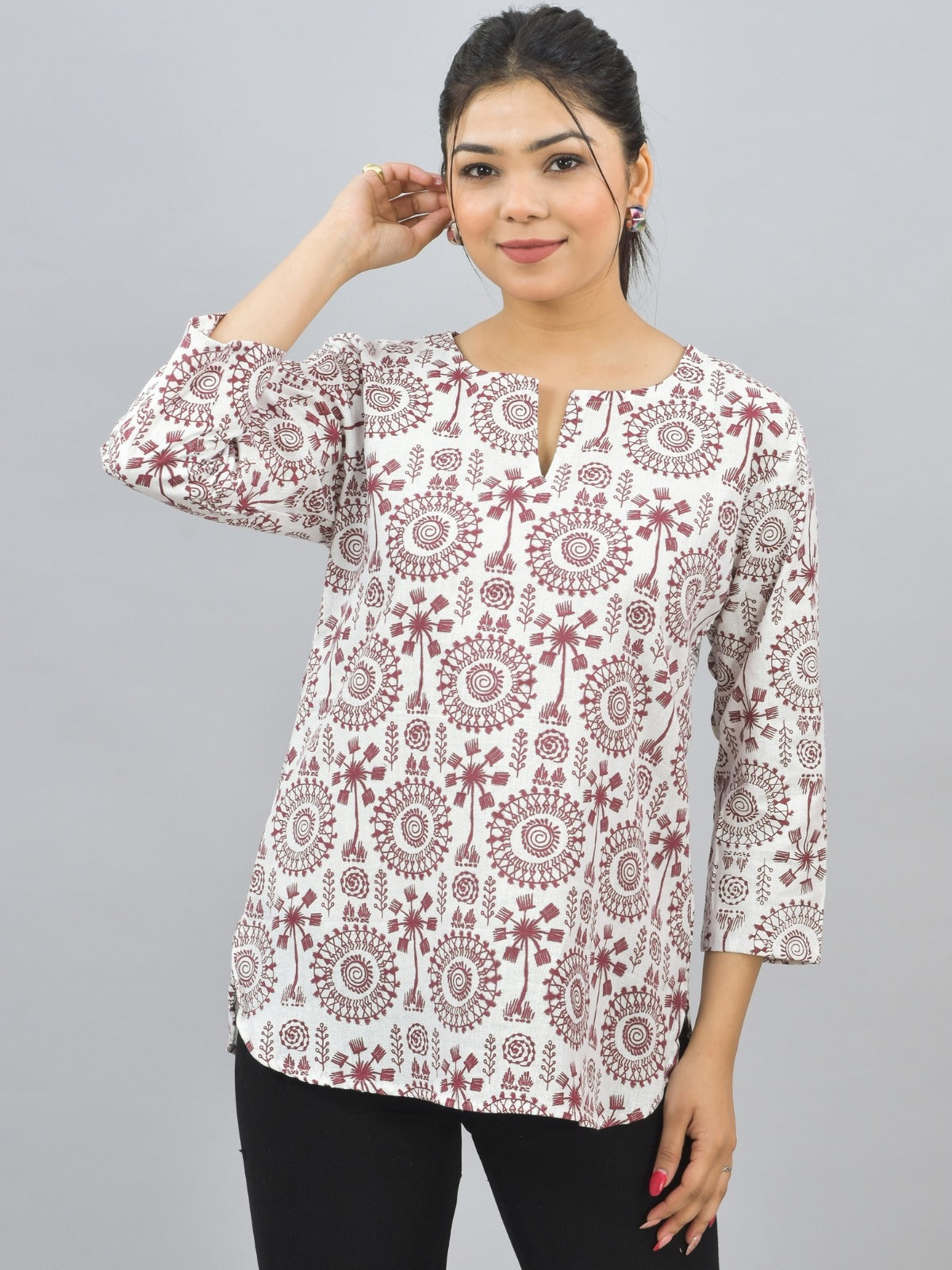 Pack Of 2 Womens Regular Fit Black Zig Zag And Maroon Tribal Printed Tops Combo