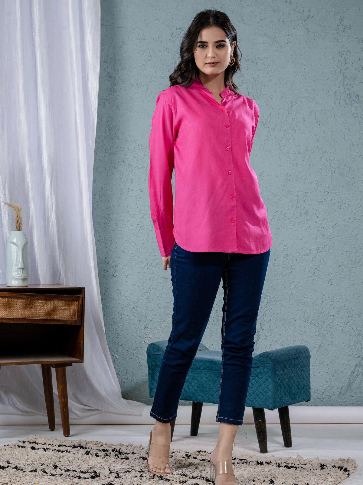 Women Solid Pink Viscose Shirt