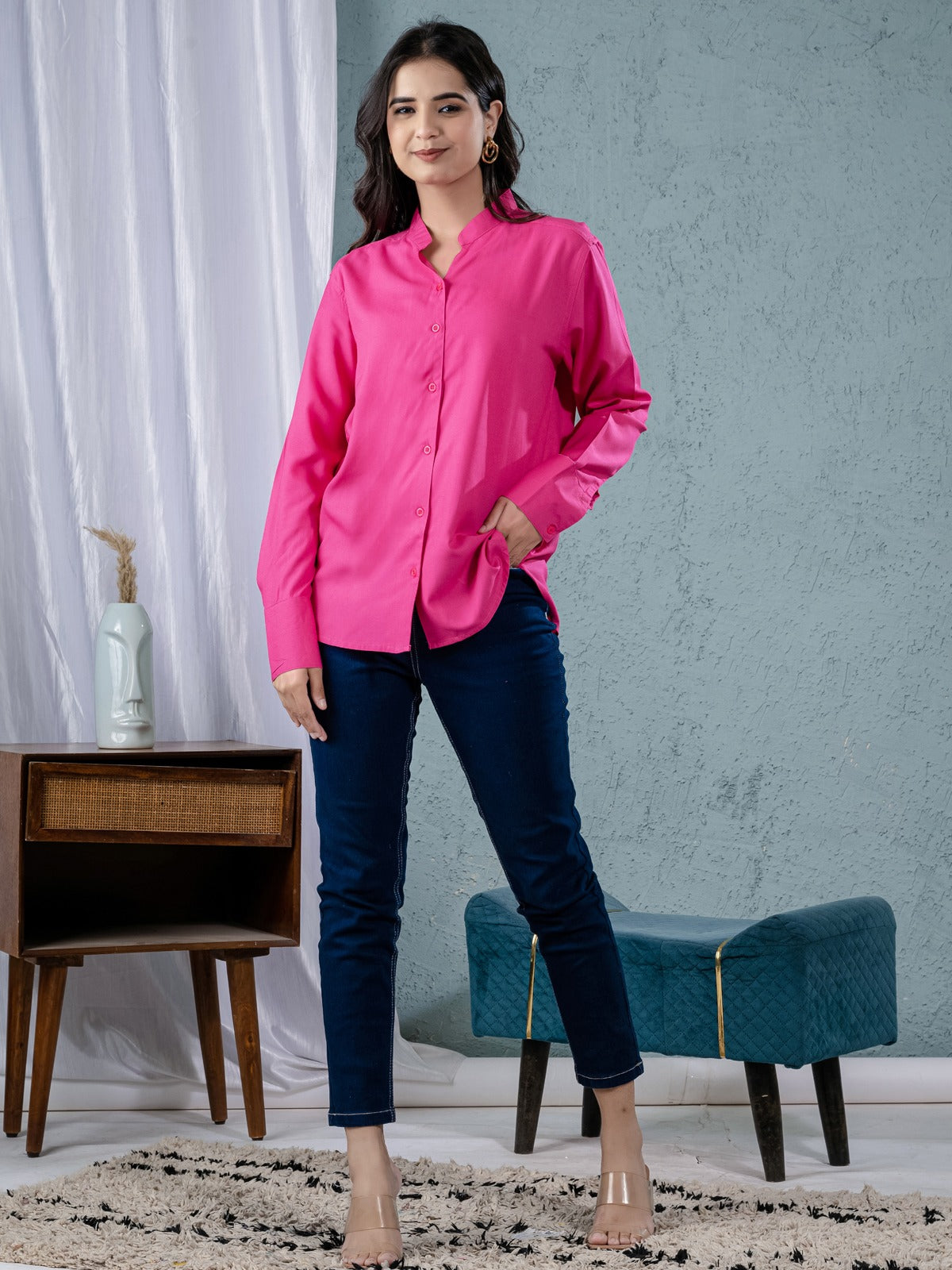 Women Solid Pink Viscose Shirt