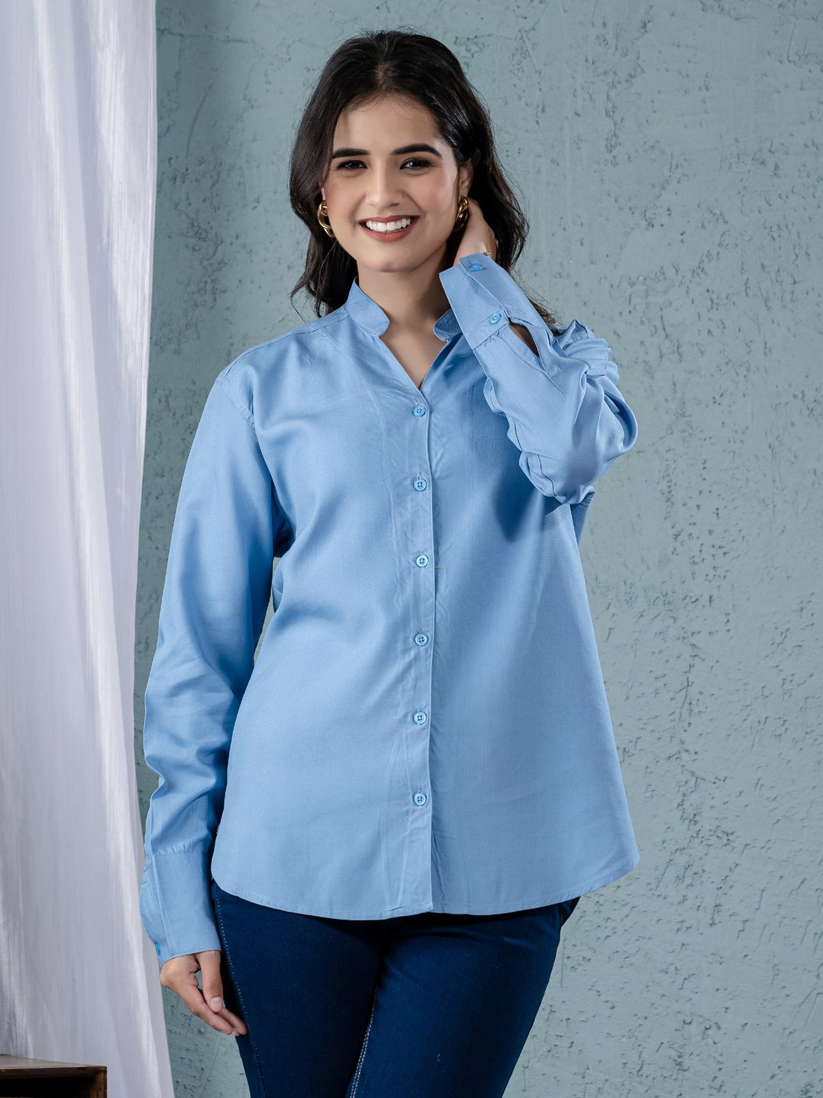 Women Solid Sky Blue Viscose Shirt
