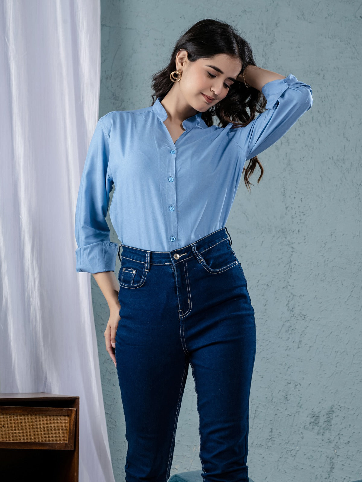 Women Solid Sky Blue Viscose Shirt
