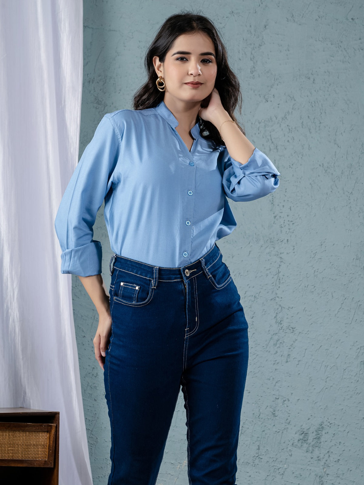 Women Solid Sky Blue Viscose Shirt