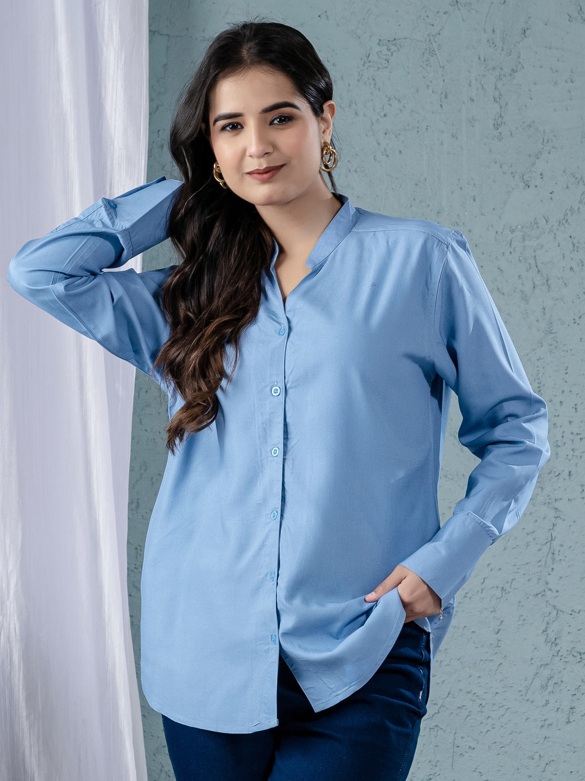 Women Solid Sky Blue Viscose Shirt