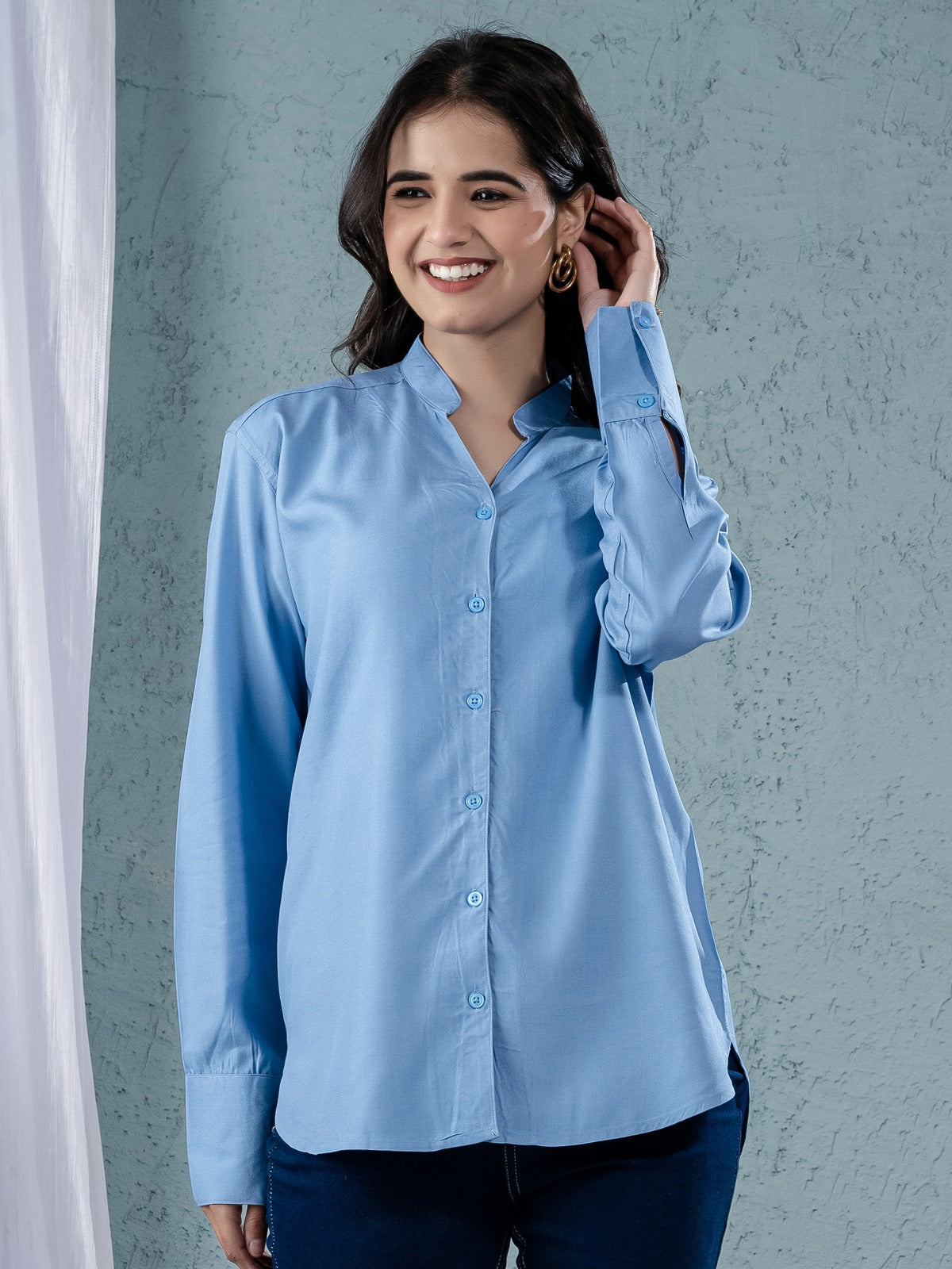 Women Solid Sky Blue Viscose Shirt