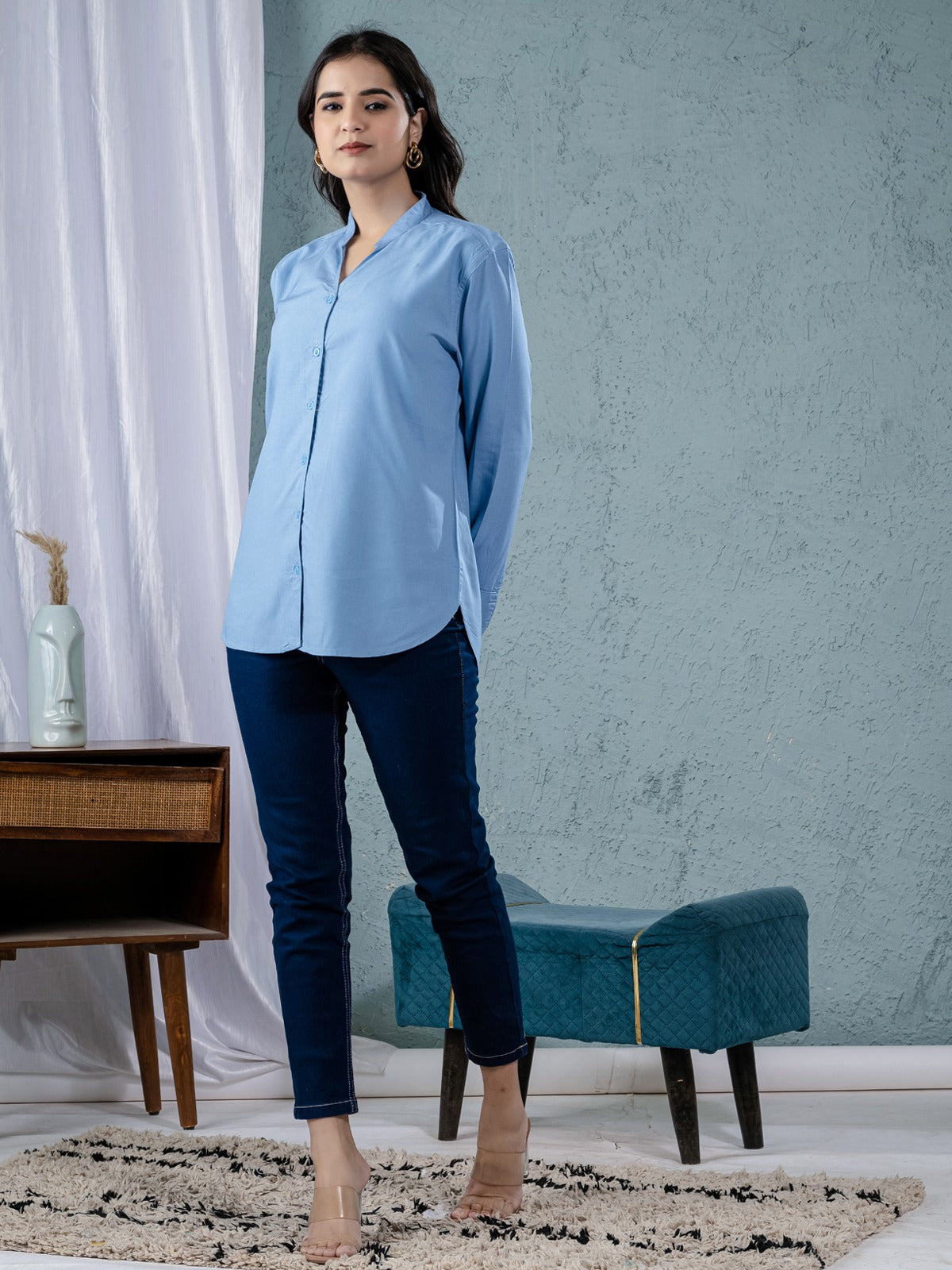 Women Solid Sky Blue Viscose Shirt