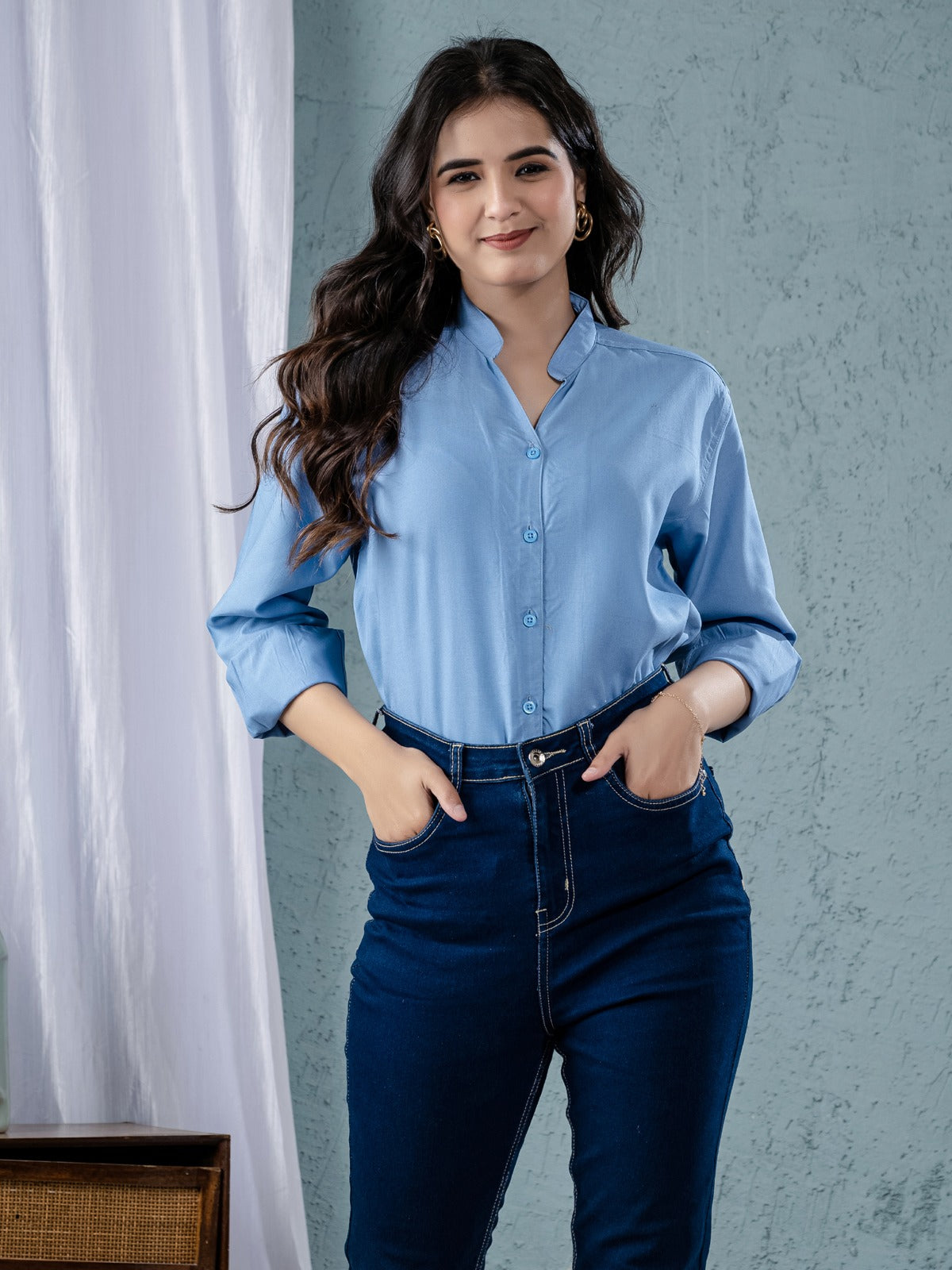 Women Solid Sky Blue Viscose Shirt